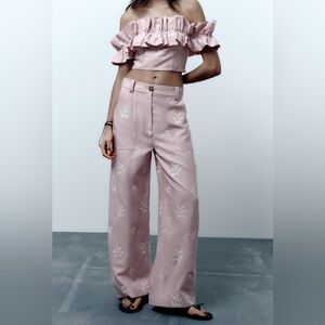 Zara Pink Embroidered Linen Set Crop Top Ruffle Wide Leg Pants 2731/091 2731/083